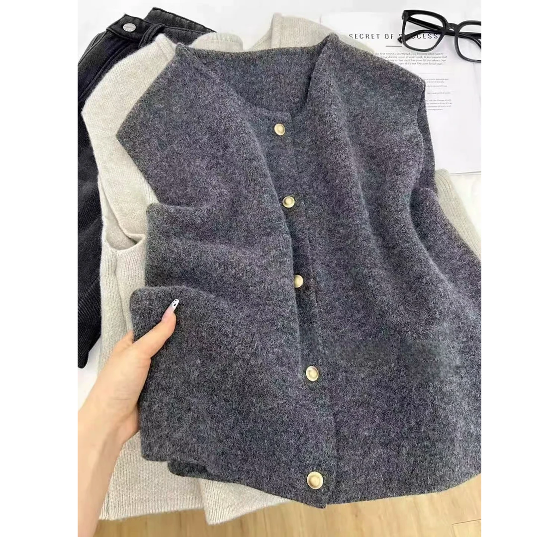 深灰色帽扣毛衣马甲开衫女春秋法式叠穿针织背心坎肩
