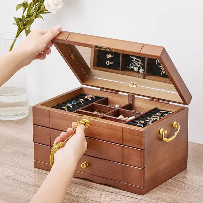 首饰盒高档实木首饰盒项链轻奢戒指桌面手镯收纳首饰盒收纳盒