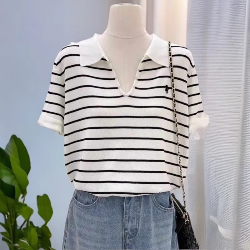 夏季新款小个子时尚百搭翻领条纹短袖polo领针织衫正肩上衣t恤女