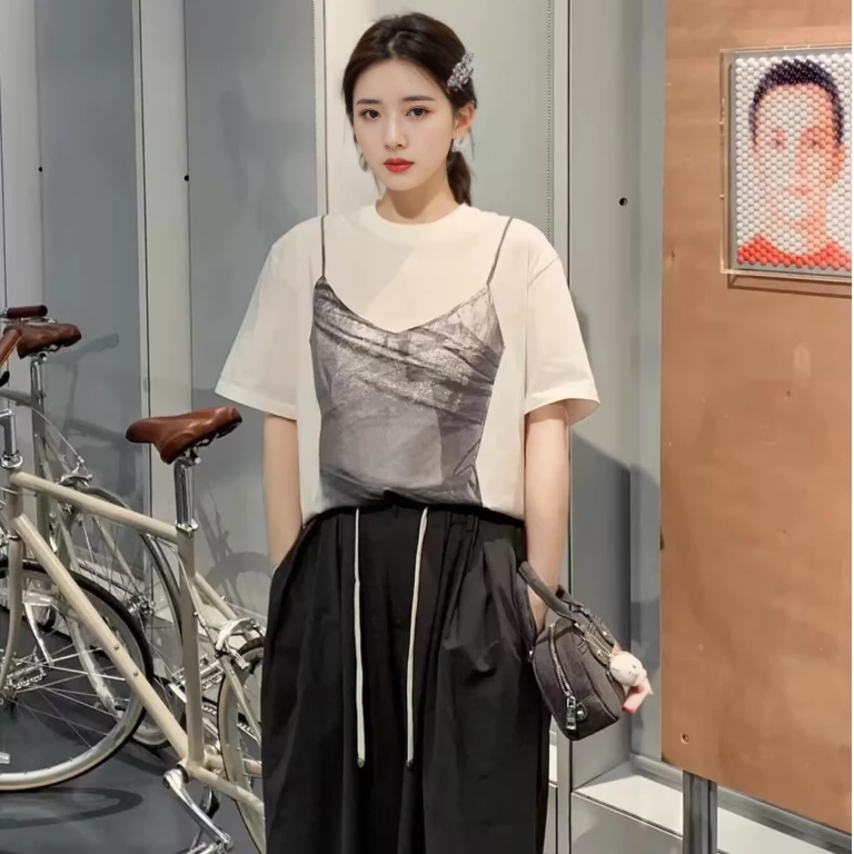 2025夏季新款美式错视短袖T恤女重磅设计感吊带印花落肩袖