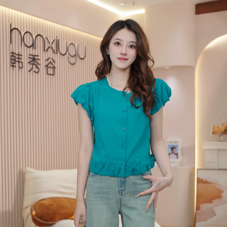 韩系时尚荷叶边泡泡袖衬衫女2025夏新款显瘦减龄小众别致上衣B231