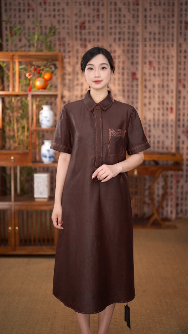 【懿和】桑蚕丝国风龟裂纹香云纱名针走线气质款新款连衣裙24058