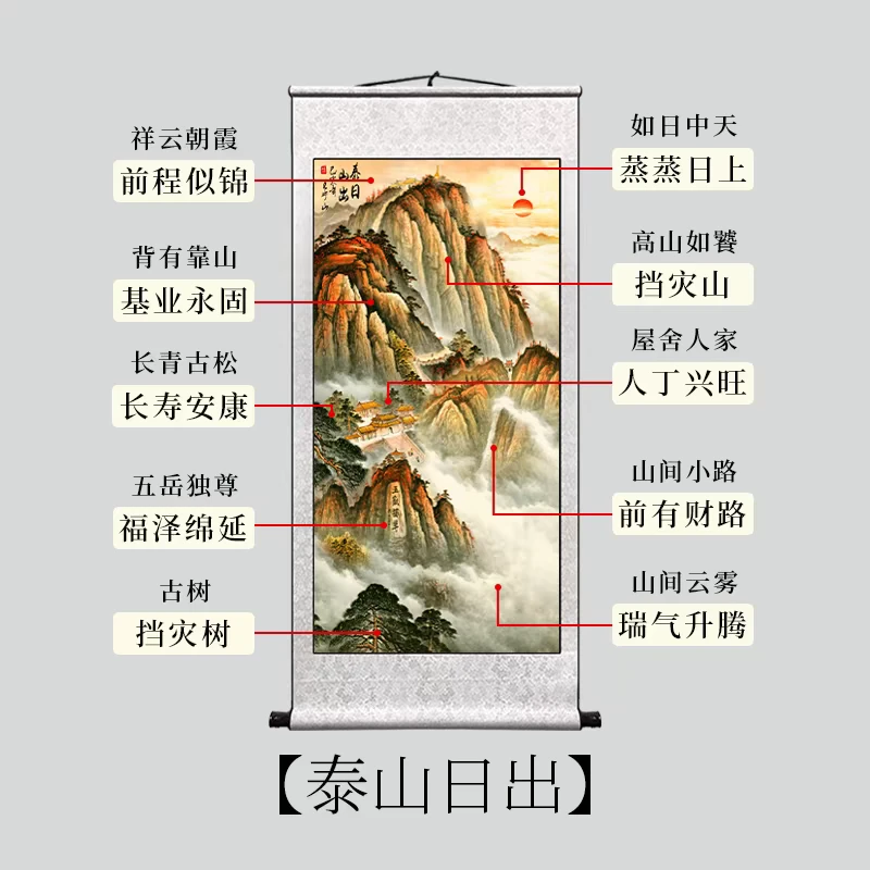 泰山日出东方山水卷轴挂画风水靠山图入户门玄关对东墙客厅竖装饰