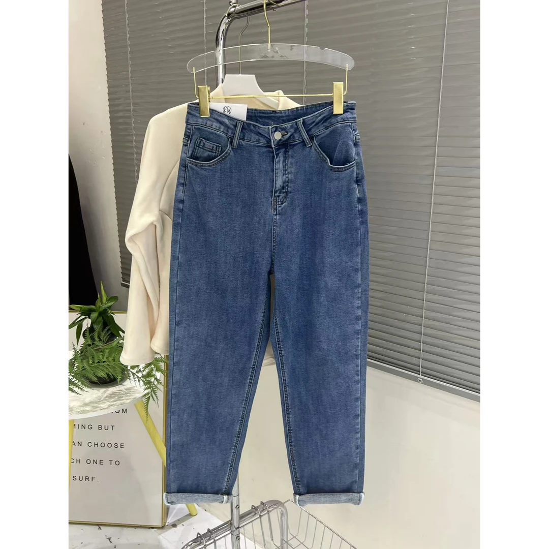 门店款 韩版秋冬抓绒显瘦高腰百搭宽松水洗直筒哈伦萝卜牛仔裤