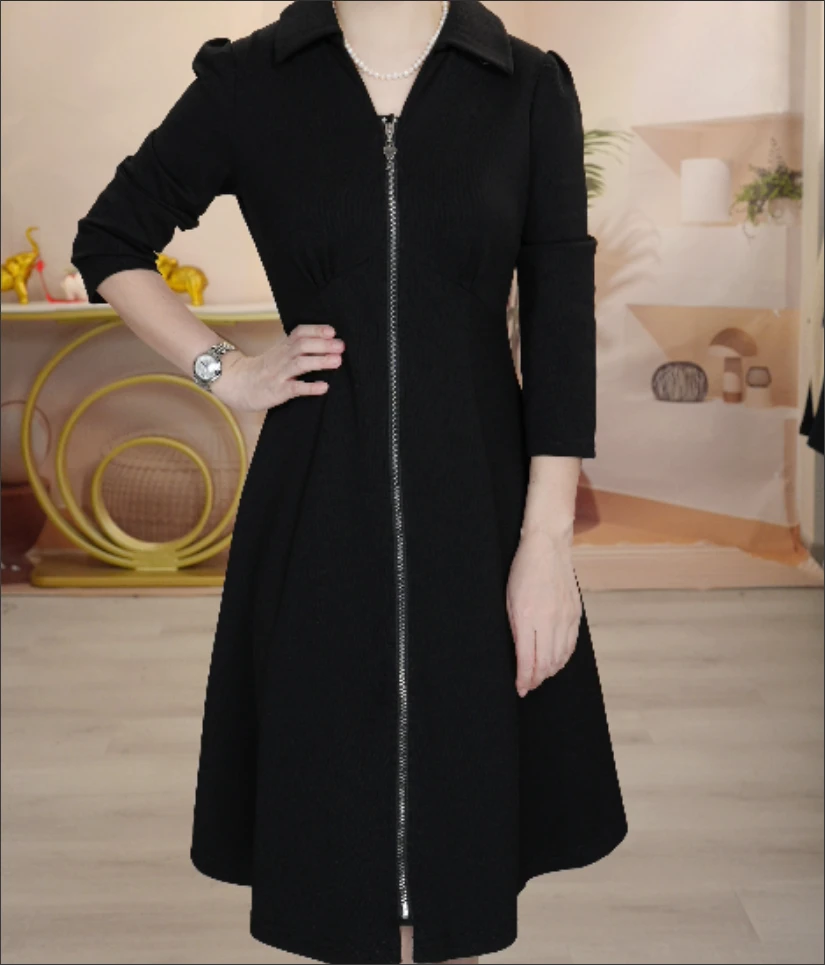 X0739 秋季长裙赫本风圆领修身裙连衣裙修身黑色女装秋冬