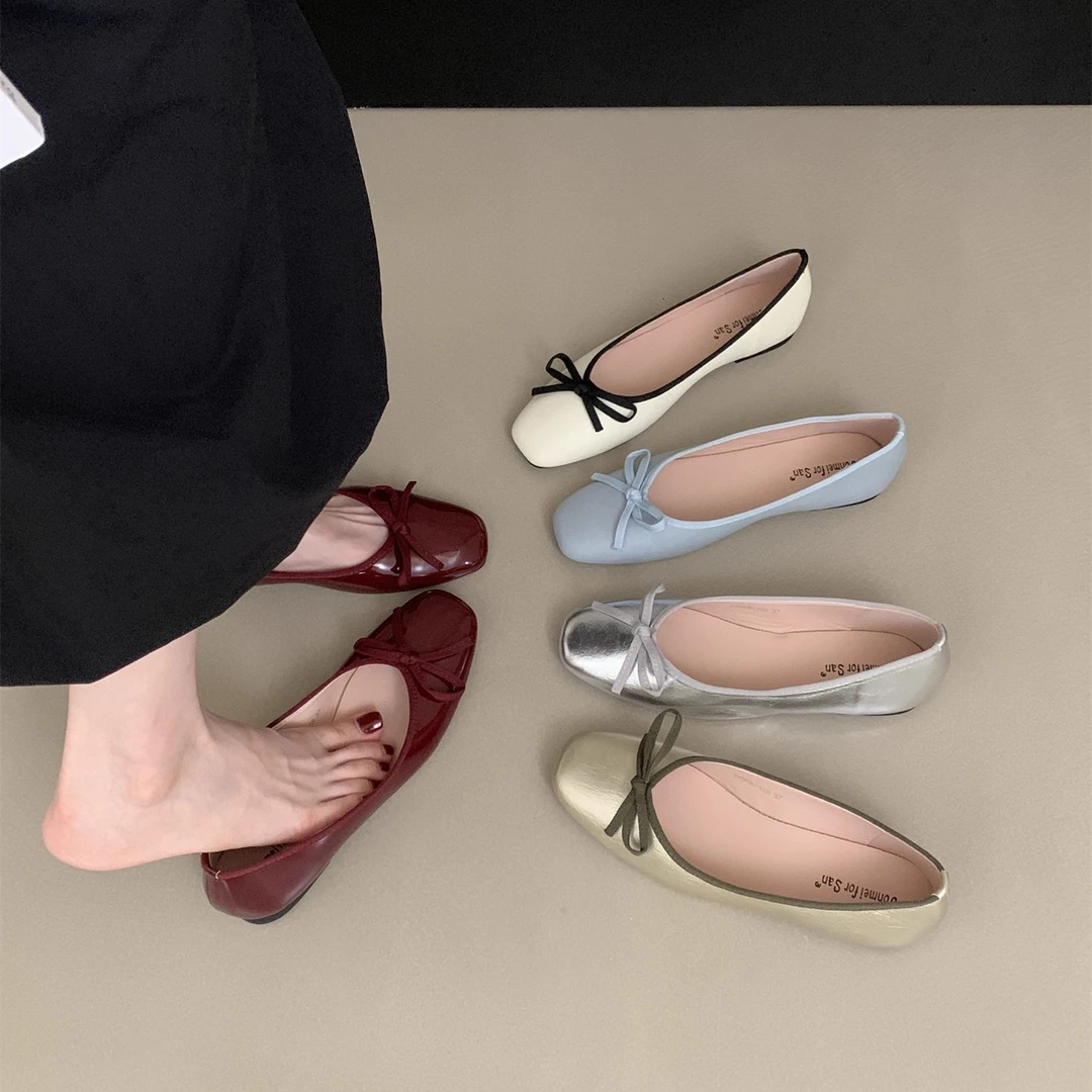 时尚复古方头单鞋女鞋2025新款蝴蝶结软底百搭一脚蹬通勤鞋奶奶鞋