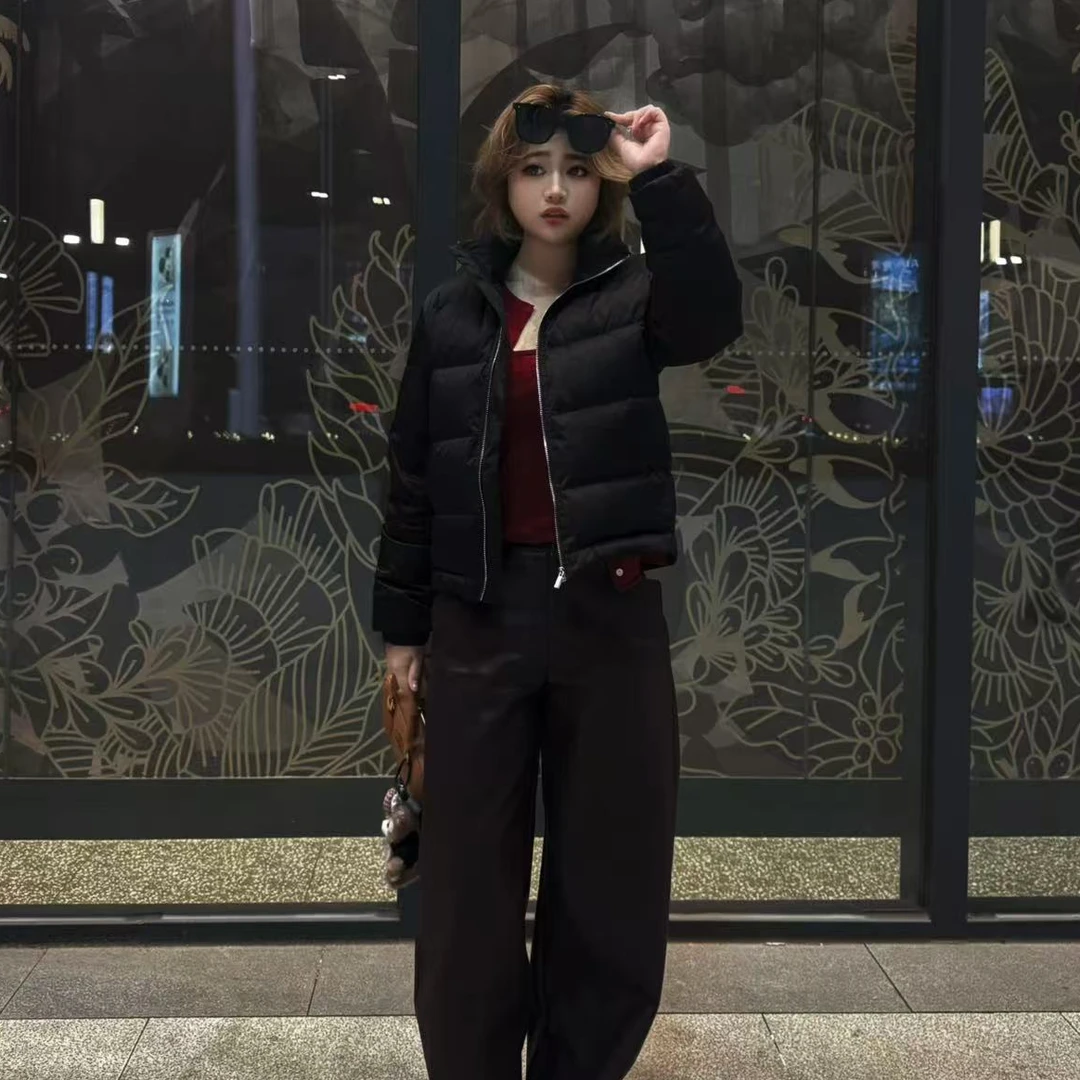 女士黑色棉服外套 设计师款女式上衣短款时尚休闲百搭连帽潮流