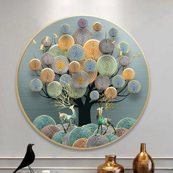 垚心十字绣麋鹿挂画大气线绣2025新款客厅满绣卧室圆形发财树现代