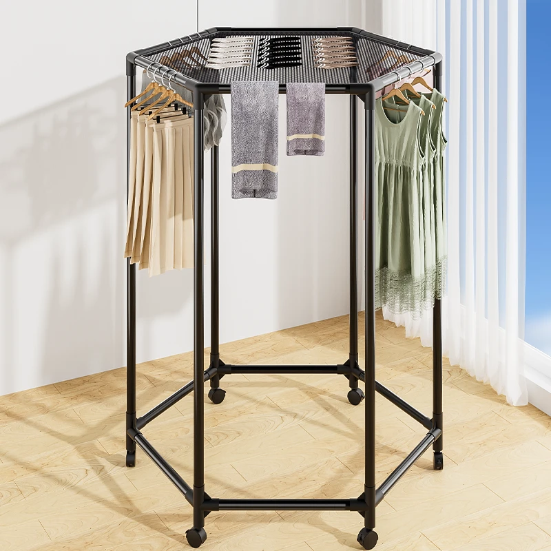 加粗带网360°旋转移动多功能卧室晾衣架落地收纳衣帽架家用阳台