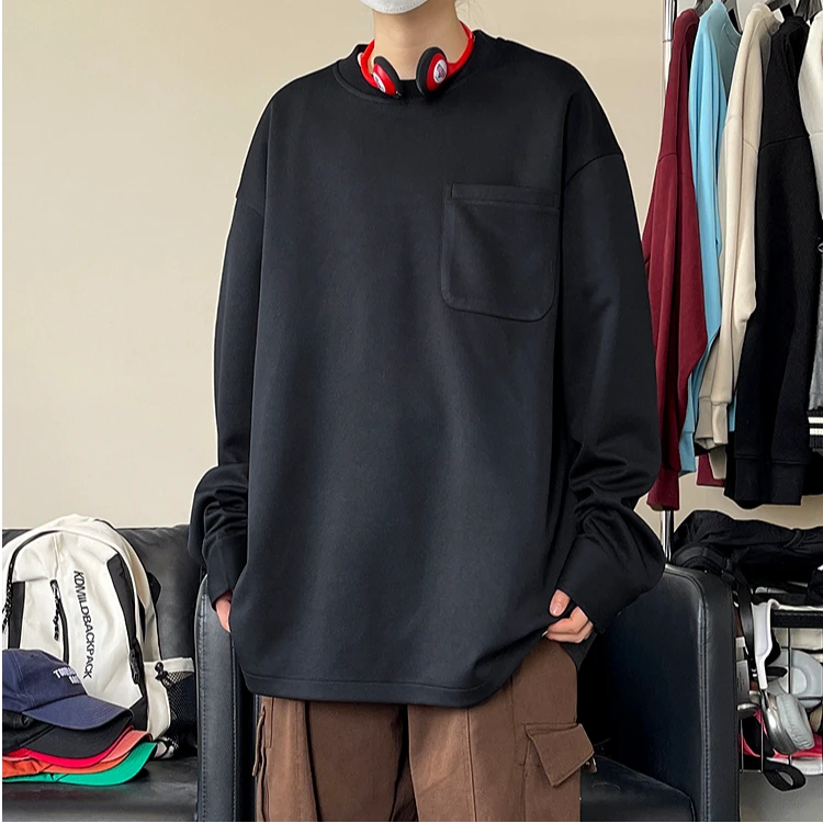 25春季新款重磅美式圆领卫衣男士长袖休闲百搭宽松纯色套头上衣潮