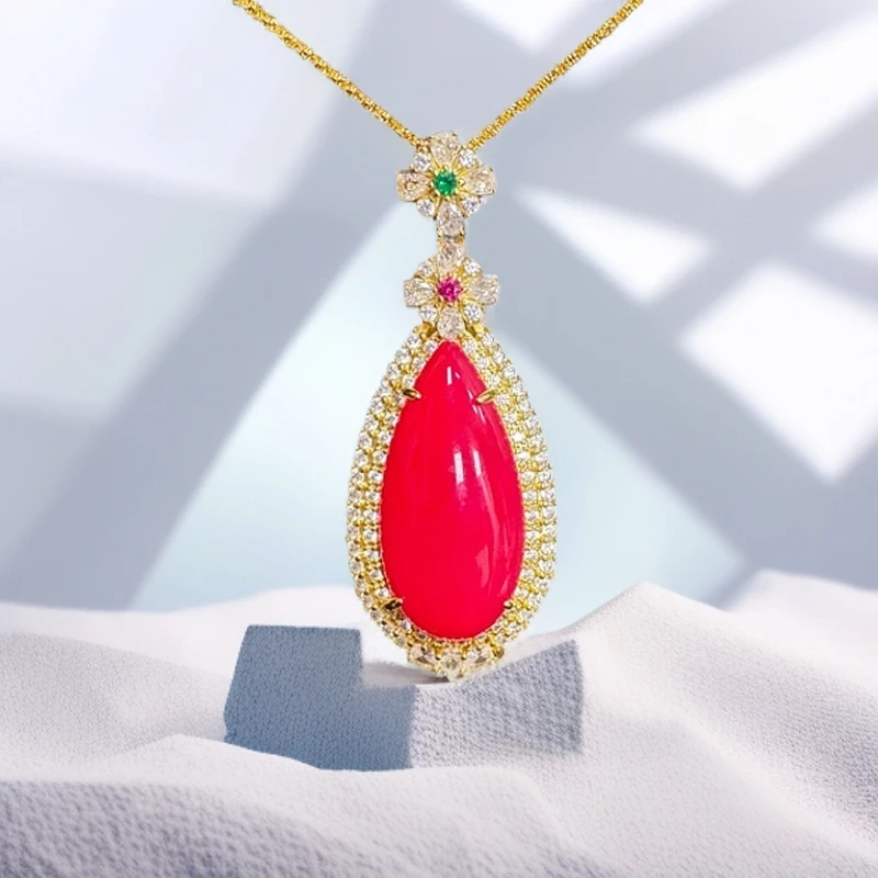 天然玉石经典满钻红水滴吊坠
