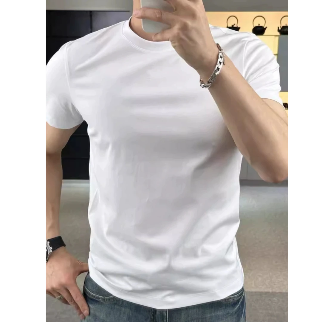约文库费高端时尚春夏季棉抗皱舒适纯色短袖恤男修身轻奢半袖体恤