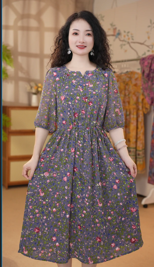 夏季新款时尚气质显瘦女宽松连衣裙中长款休闲碎花妈妈装裙子