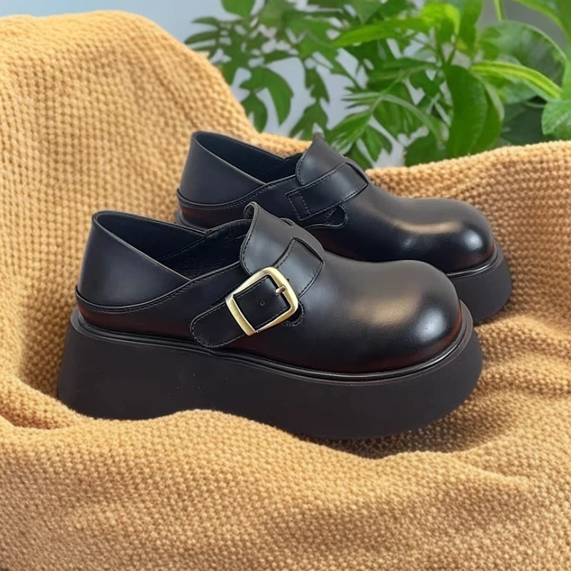 勃肯鞋皮鞋厚底时尚乐福鞋英伦秋季休闲圆头百搭黑色皮鞋真皮