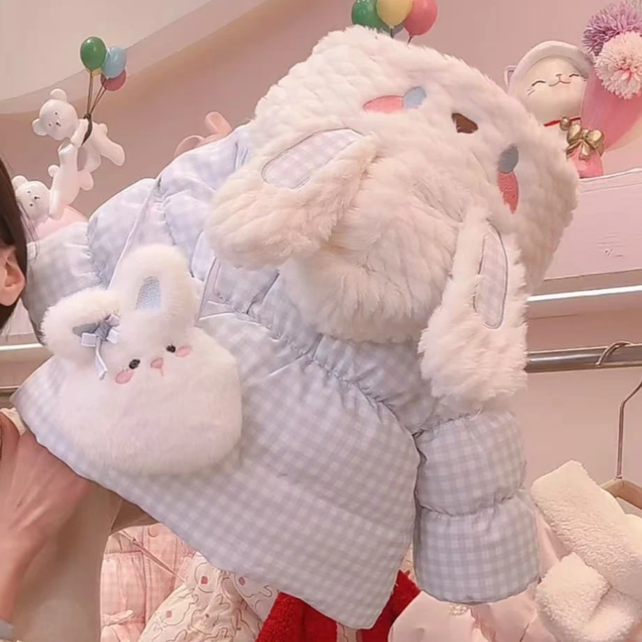 N664冬季新款韩版女童棉衣加绒加厚蓝色格子可爱公主卡通连帽棉服