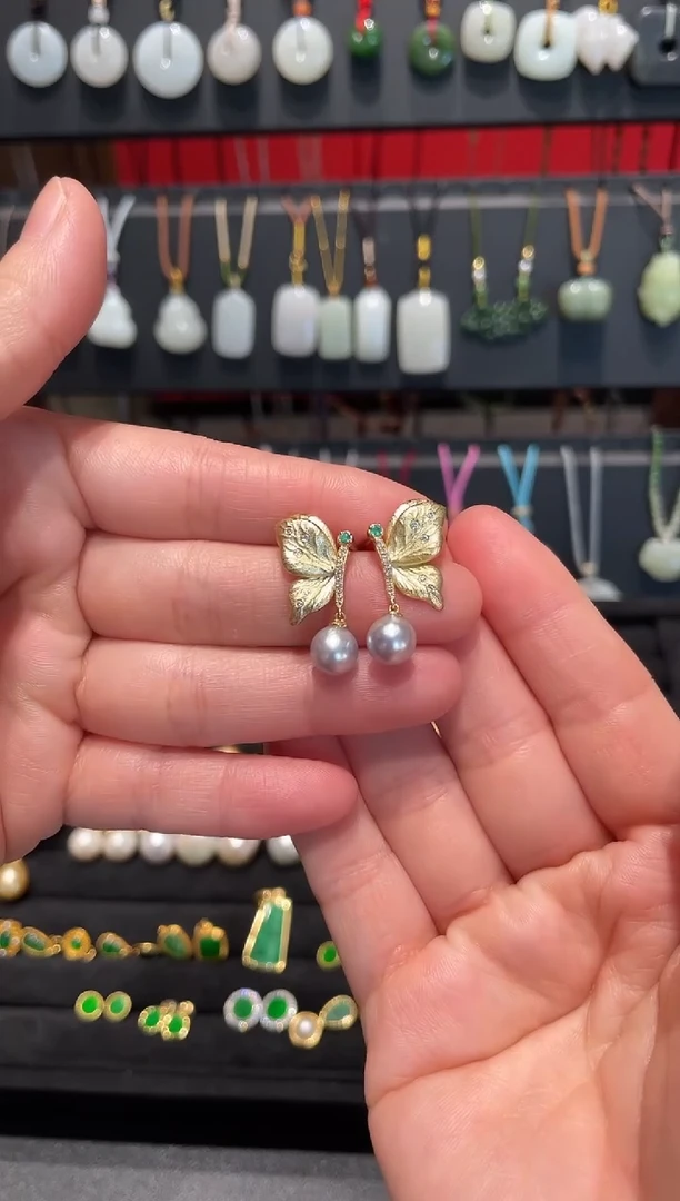 银S925镀金镶嵌耳饰淡水珍珠蝴蝶耳饰