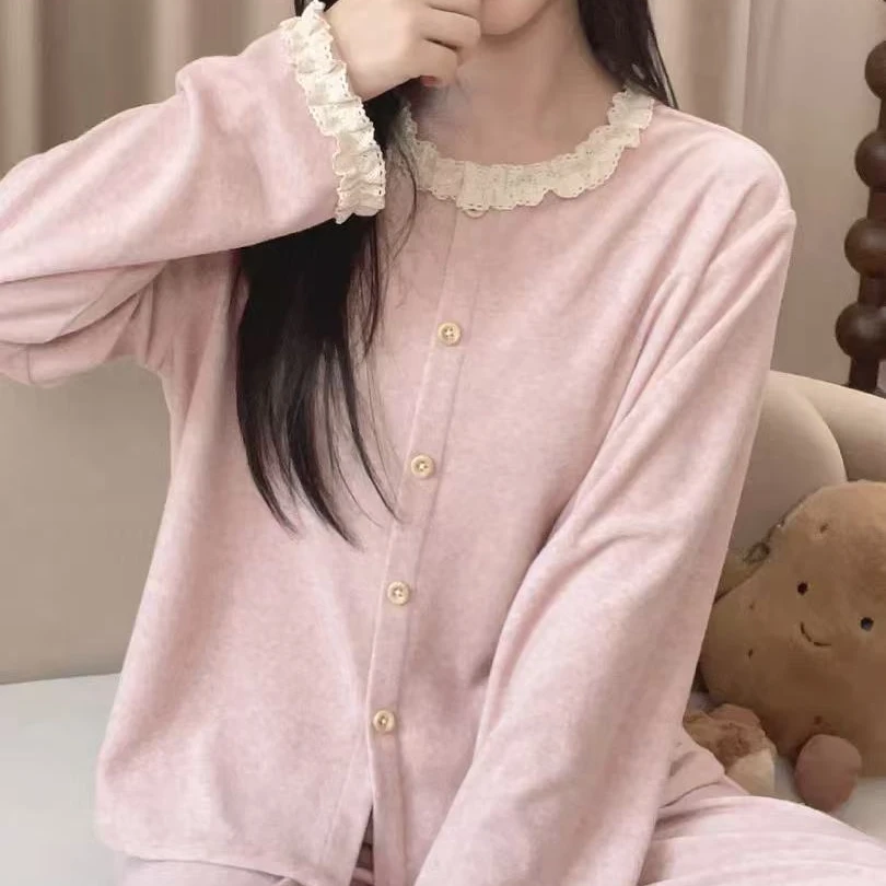 花边圆领德绒睡衣女秋冬季保暖韩系简约甜美风网红爆款家居服套装
