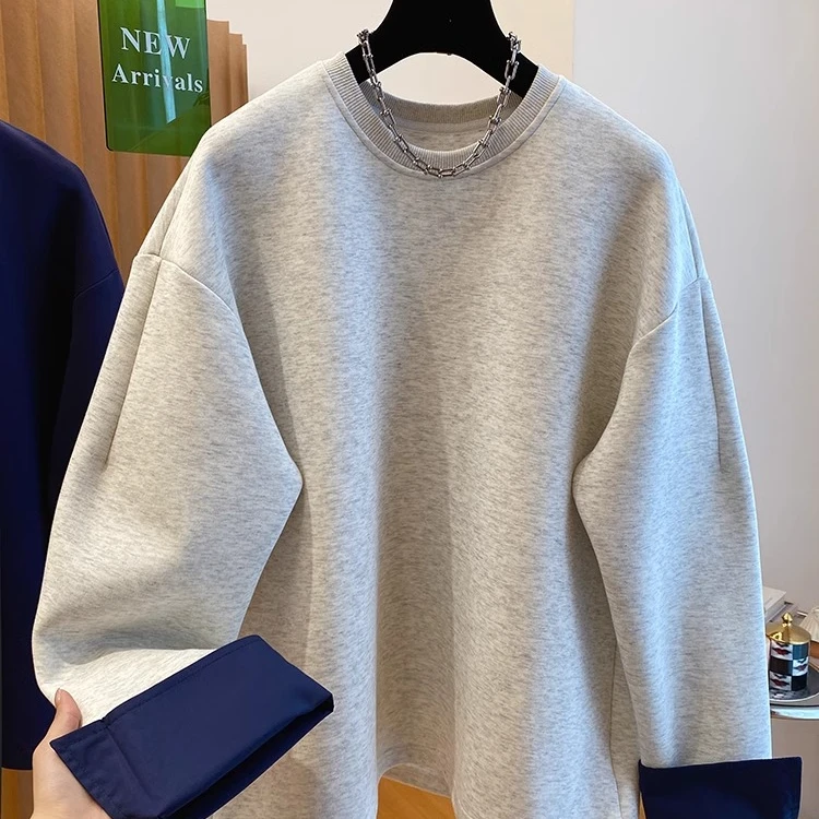 1005纯棉加绒加厚花灰色卫衣秋韩版宽松休闲袖口拼接假两件上衣潮