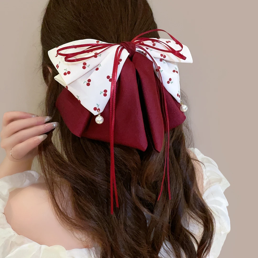 樱桃蝴蝶结飘带抓夹女2025新款高级感后脑勺鲨鱼夹氛围感新年发饰