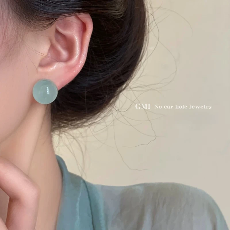 合金树脂耳饰 蓝果冻圆形珠透明树脂无耳洞耳夹女高级耳钉气质