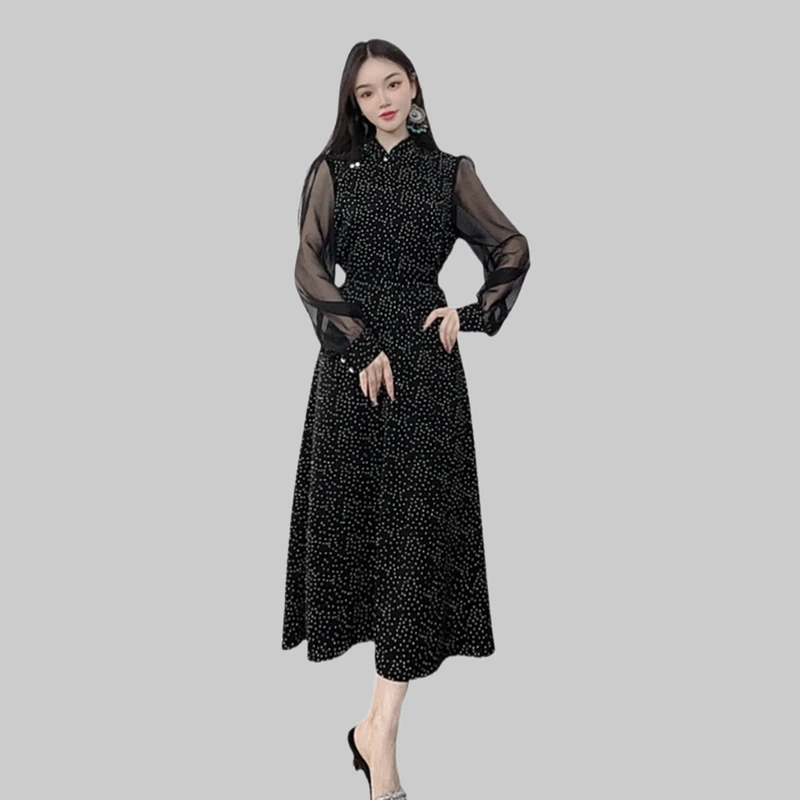 蒙古袍气质女人长袖连衣裙少数民族长袍风民族风优雅女装高腰收腰