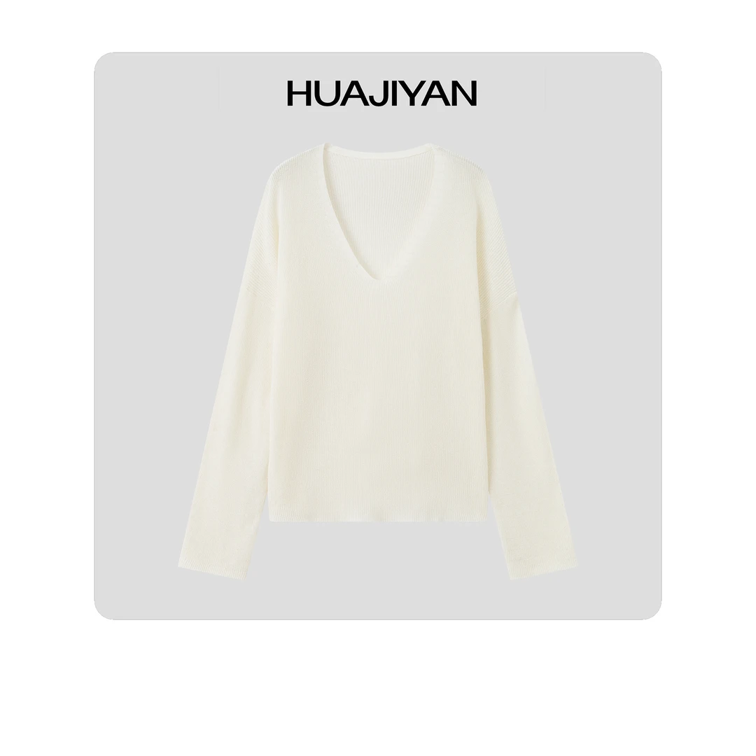 华吉言/HUAJIYAN【牛奶】和纸天丝纤维大落肩V领直身百搭上衣