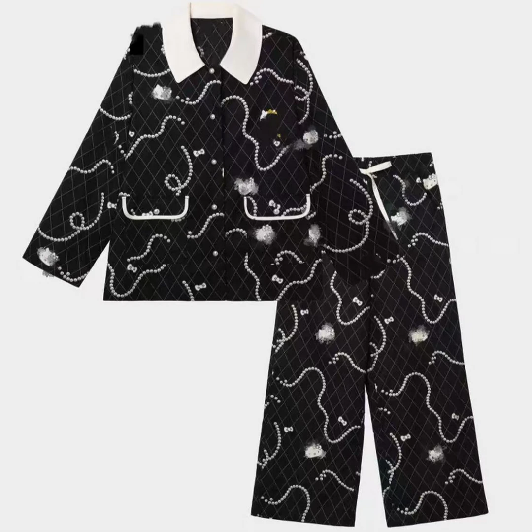 雨琦同款天丝棉KT猫咪家居服黑金珠链印花睡衣女家居服