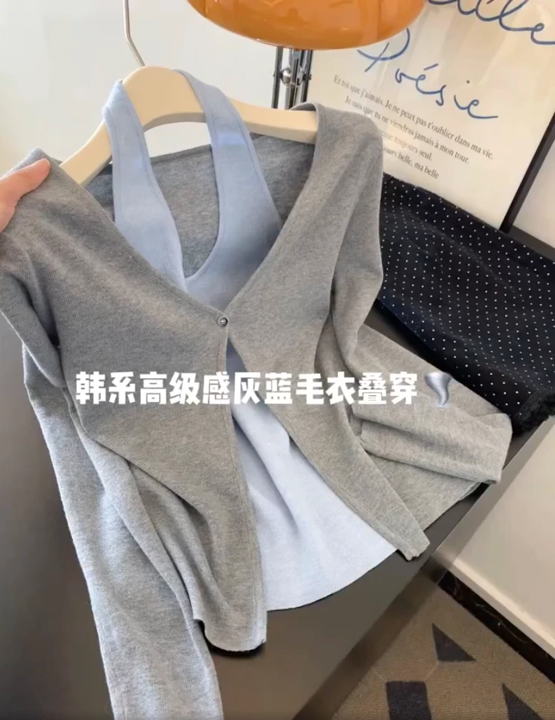 【现货】2025新款休闲韩系设计感气质假两件挂脖针织衫女秋上衣