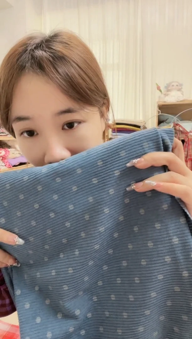 化纤1米做旧灰蓝波点涤纶灯芯绒