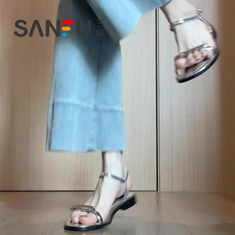 三福百搭仙女风凉鞋女2025夏季新款平底舒适一字带配裙子罗马凉拖