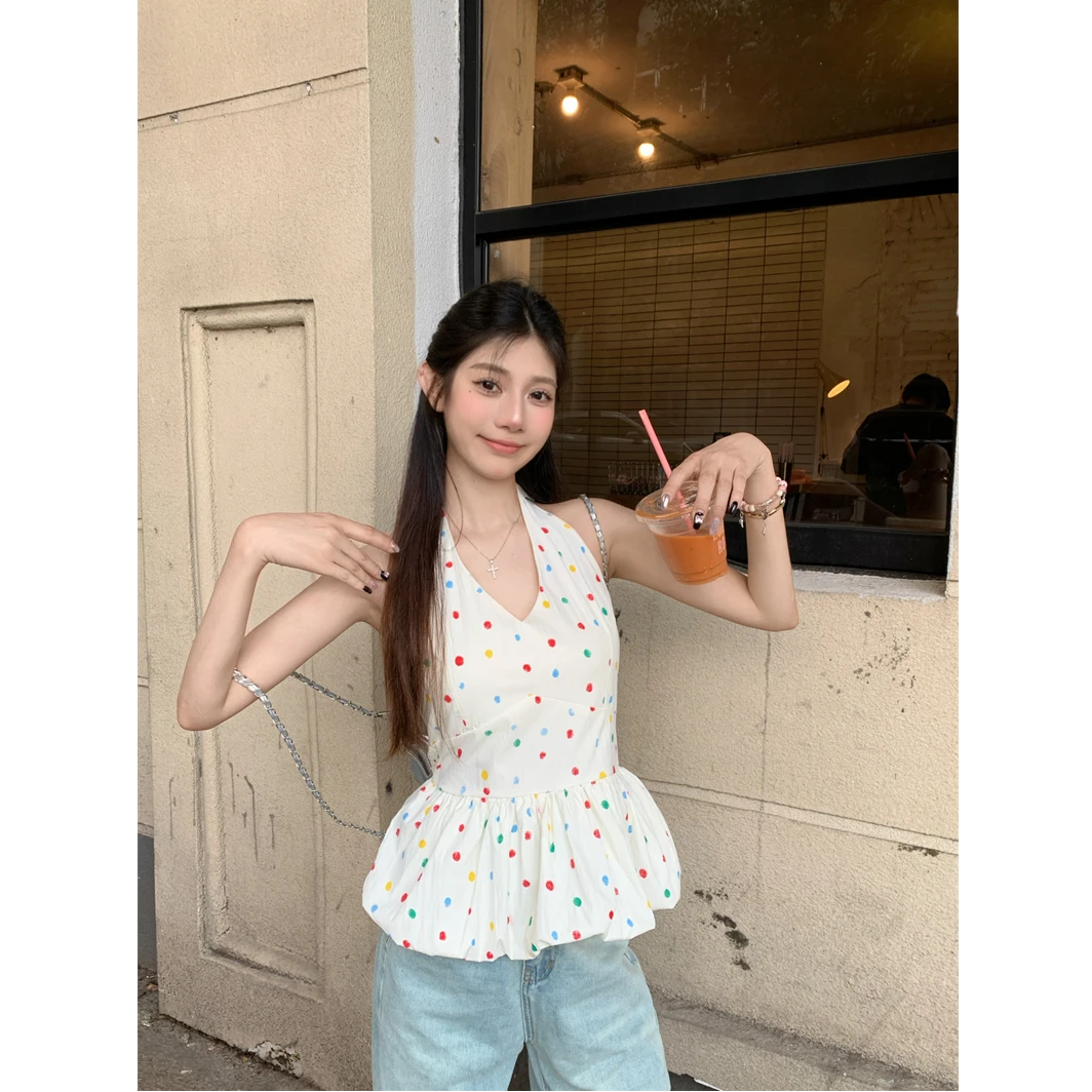 甜辣妹风波点V领挂脖吊带背心女装夏季修身显瘦上衣