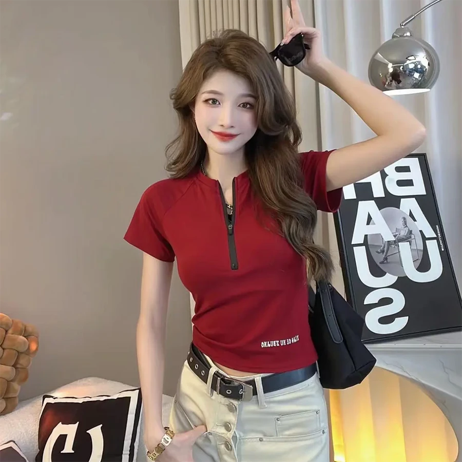 短款夏季短袖纯色上衣新款修身欧货T恤正肩显瘦2025年半拉链女装