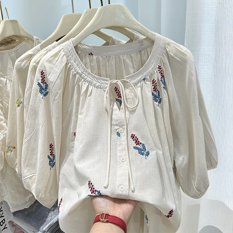 韩系灯笼袖圆领系带刺绣衬衫夏季新款设计感宽松减龄薄款小衫