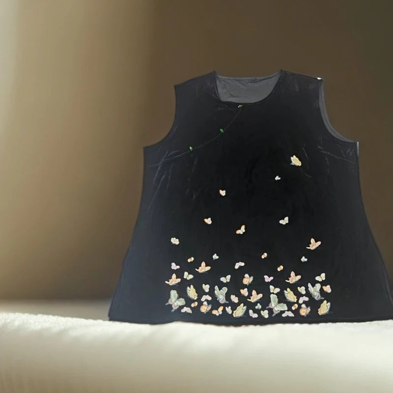 圆领刺绣女装复古上衣黑色网红拼接常规款蝴蝶无袖