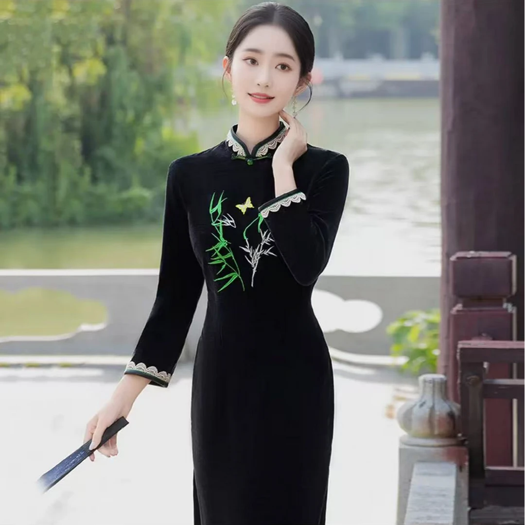 9085 黑色 【翠竹】 蕾丝边 旗袍