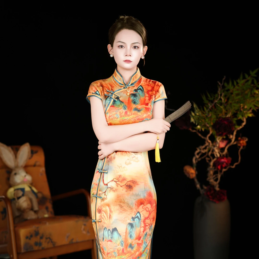 旷美旗韵橙山水墨高端真丝桑蚕丝旗袍直播间高端大气上档次时尚