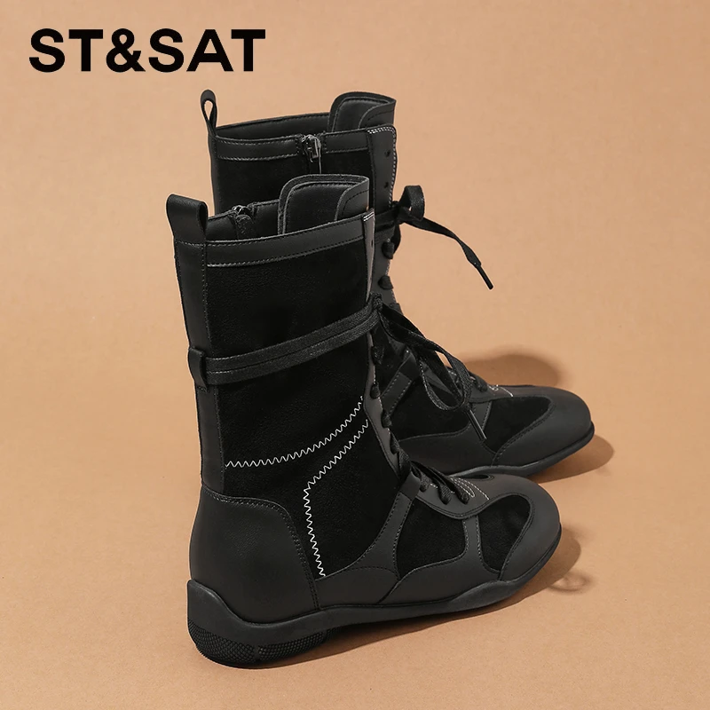 星期六内增高德训靴休闲女靴2025冬季加绒英伦风短靴显脚小拳击靴