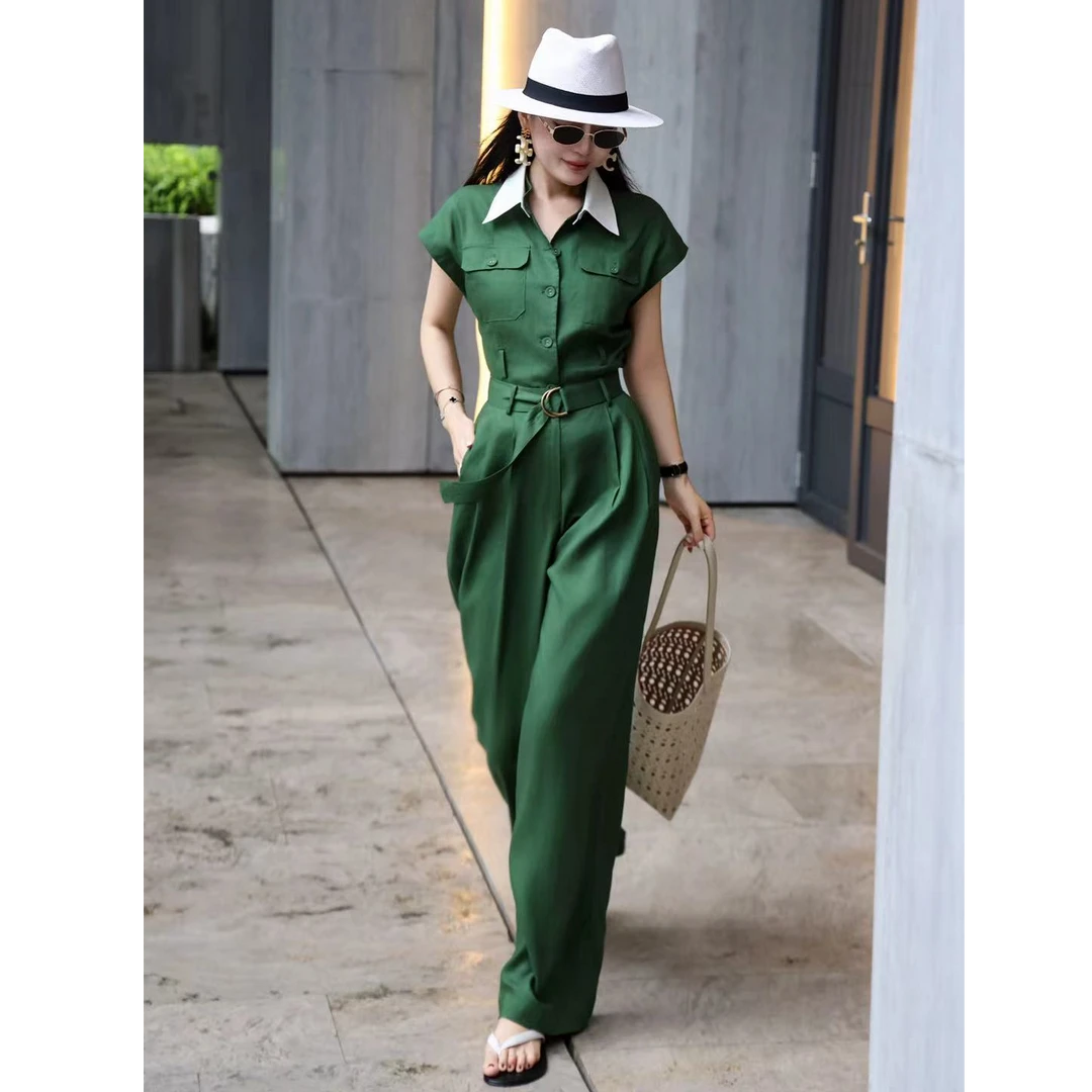 ZEROYK高级感时尚套装2025夏季可拆卸领亚麻衬衫裤子港风两件套