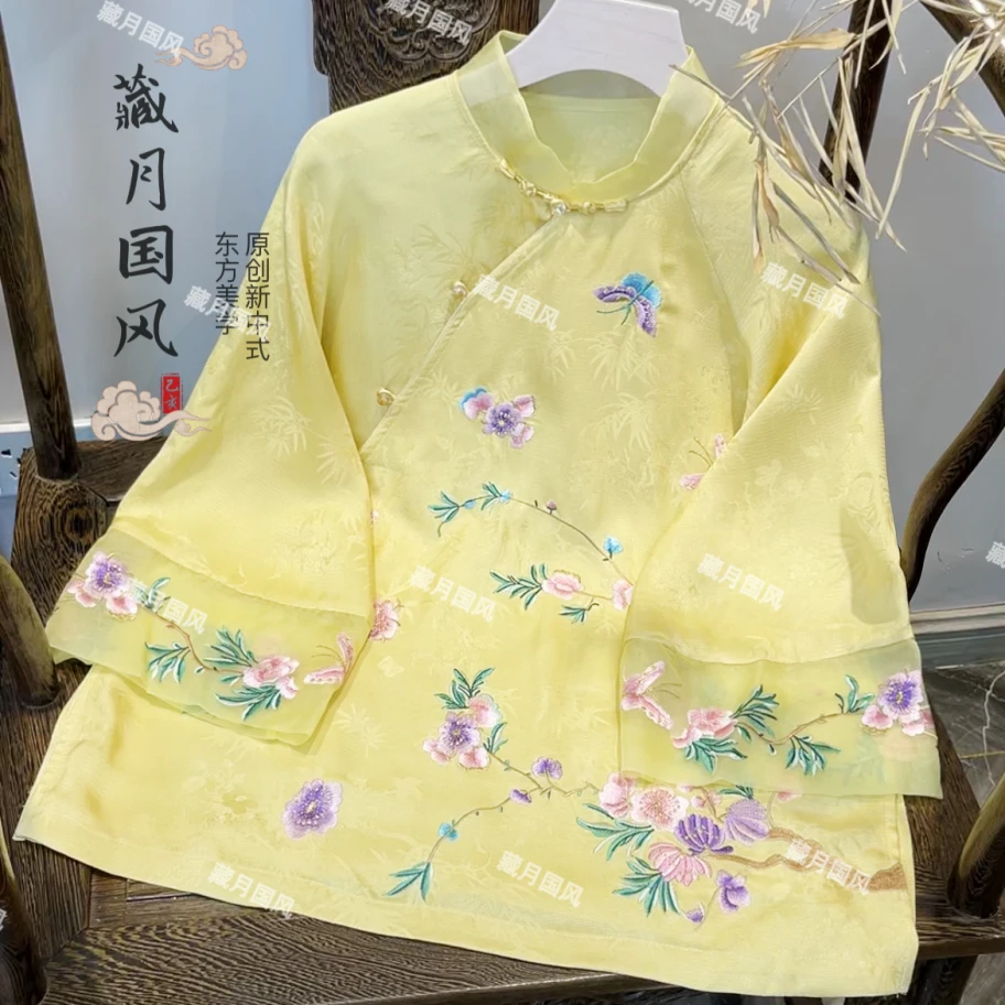 藏月国风新中式夏季斜襟桑蚕丝刺绣上衣宽松薄款小衫女E2467260