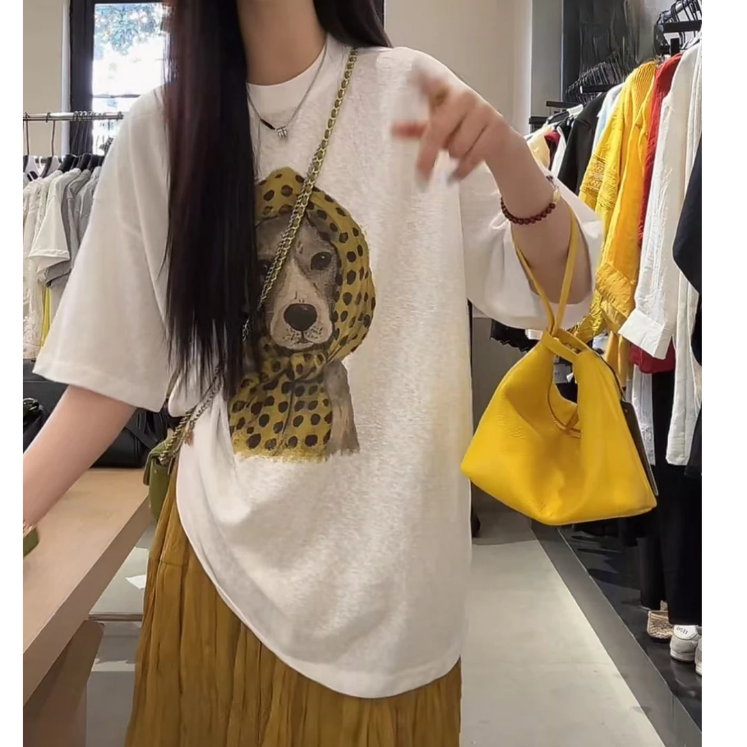 设计感印花卡通小狗短袖T恤女2025夏季新款圆领大版宽松休闲上衣