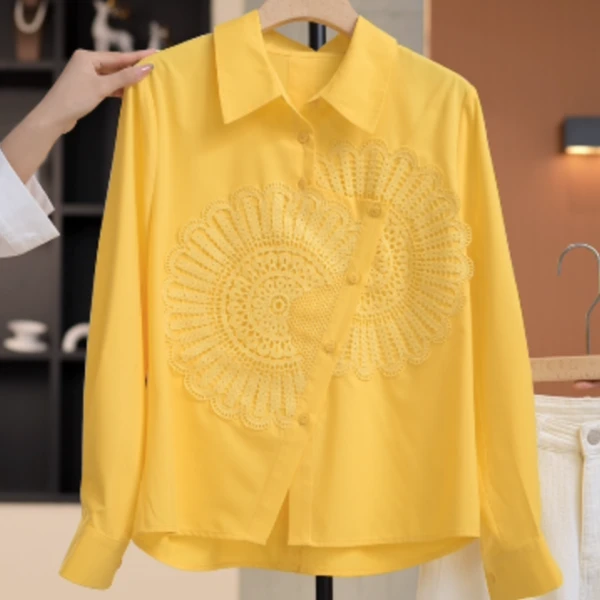 【璐璐】时尚法式百搭不规则设计感翻领长袖衬衫小众洋气上衣Y14676