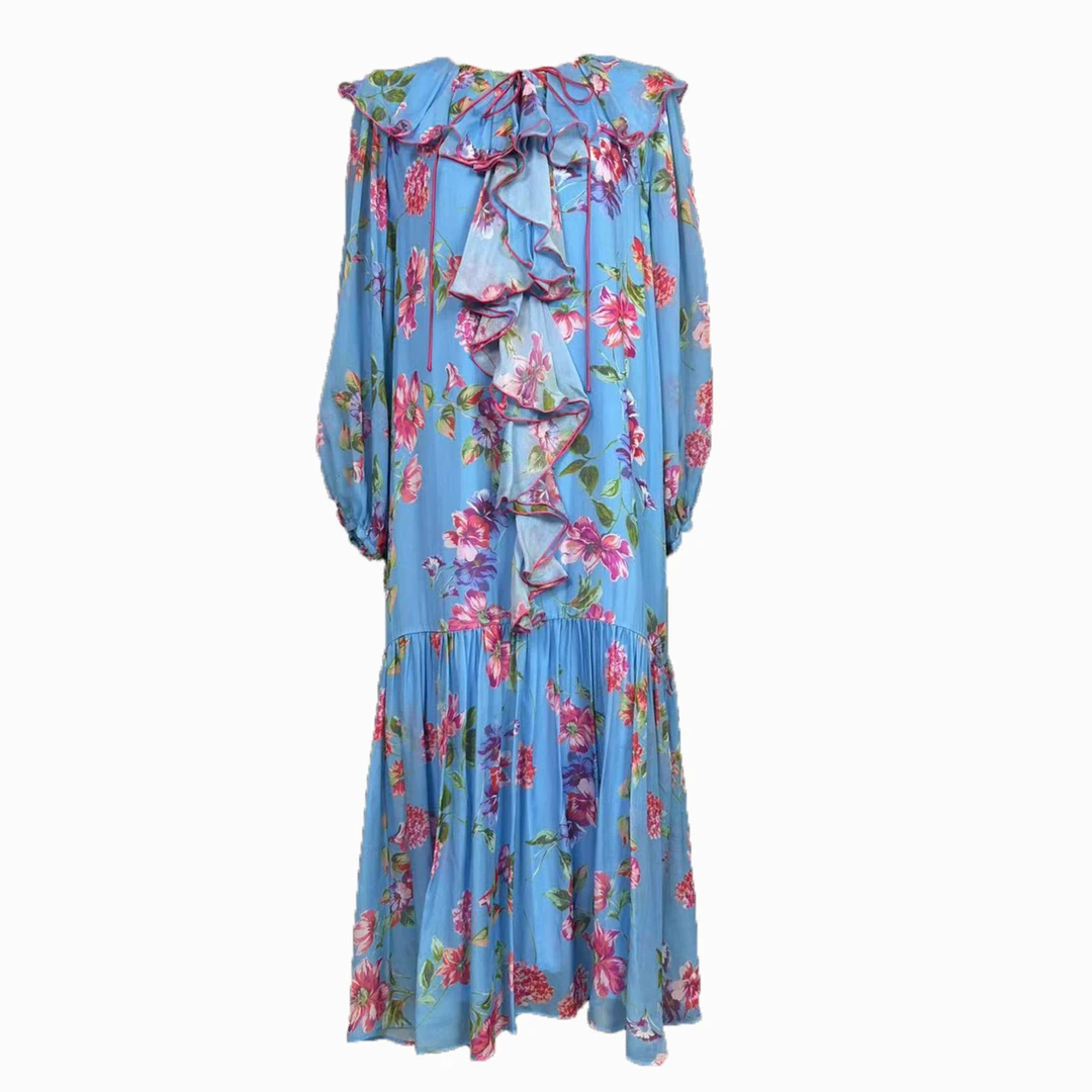 （妙语）桑蚕丝常规波西米亚风轻职风基本款连衣裙优雅碎花显瘦蓝色