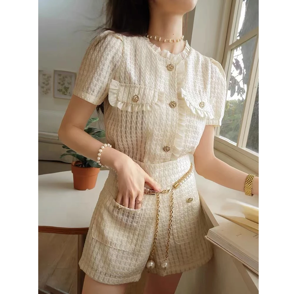 夏季法式裙子休闲风泡泡袖通勤风套装气质小香风时尚套装