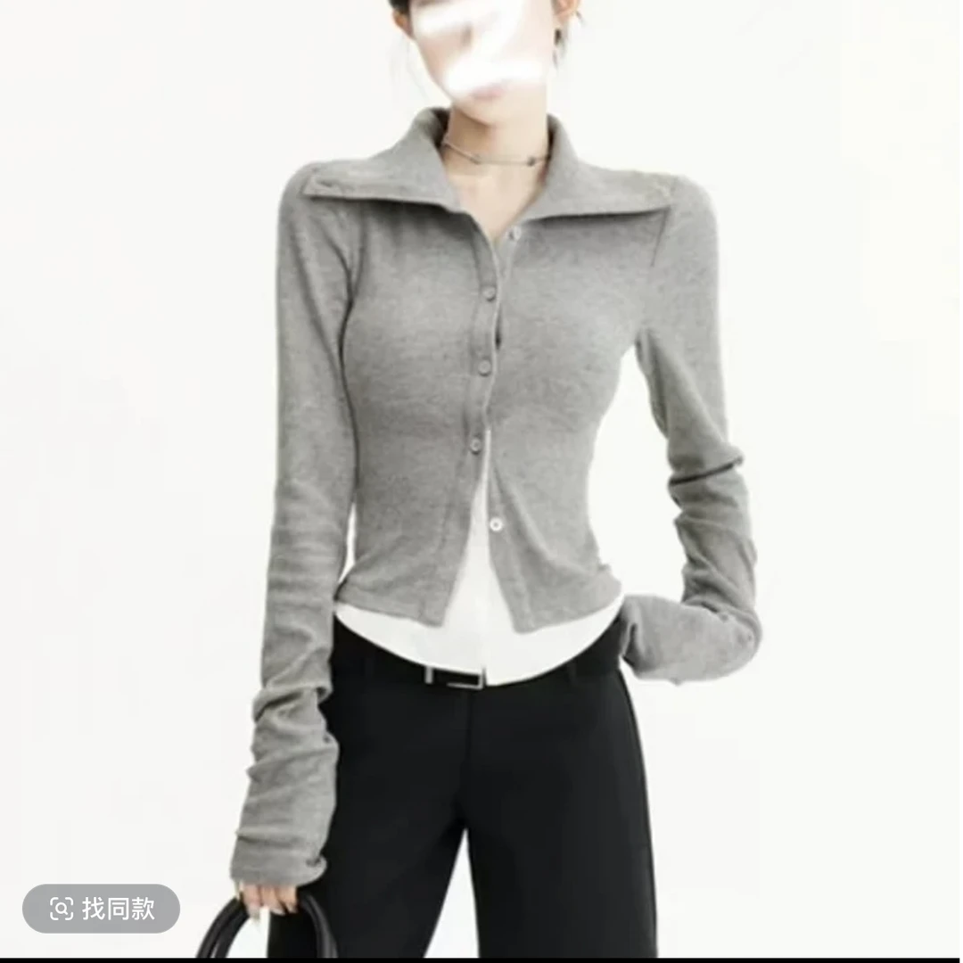 灰色高领假两件长袖t恤女修身内搭显瘦秋冬2024新款独特打底上衣