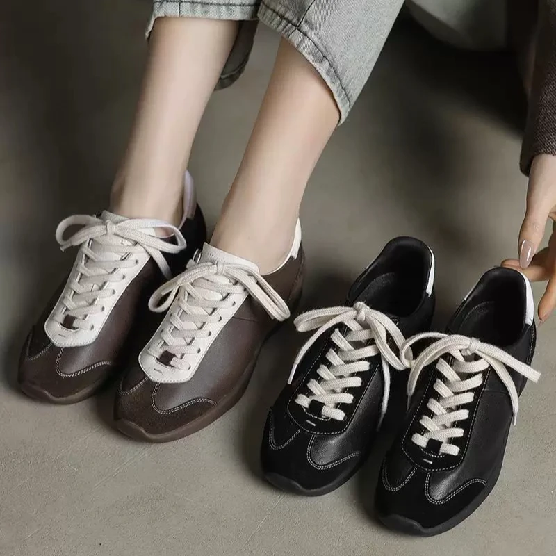 春季新款复古真皮德训鞋简约大气百搭拼色阿甘鞋时尚休闲女鞋