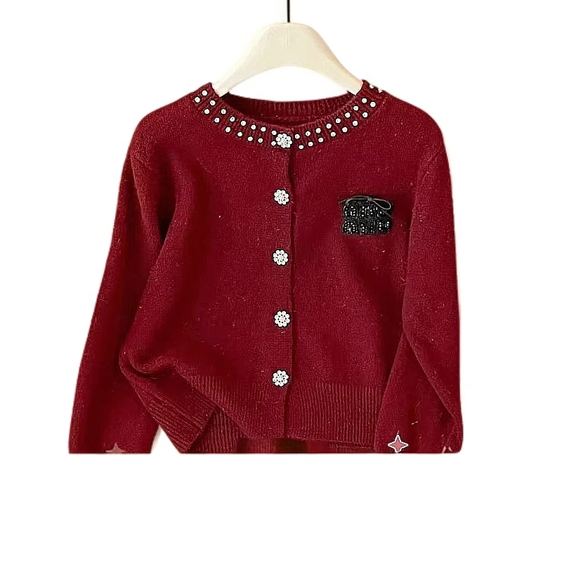 3358红色亮丝小香风钉钻蝴蝶结毛衣女秋冬季气质针织开衫外套