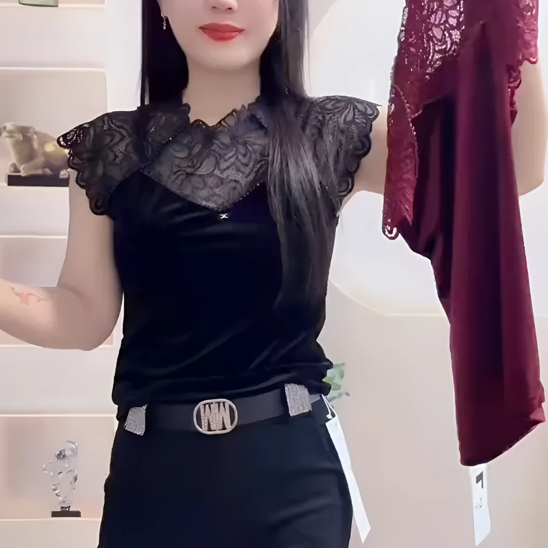 欧洲站高级感纯欲风蕾丝金丝绒T恤2025早秋过度穿搭性感显瘦小衫