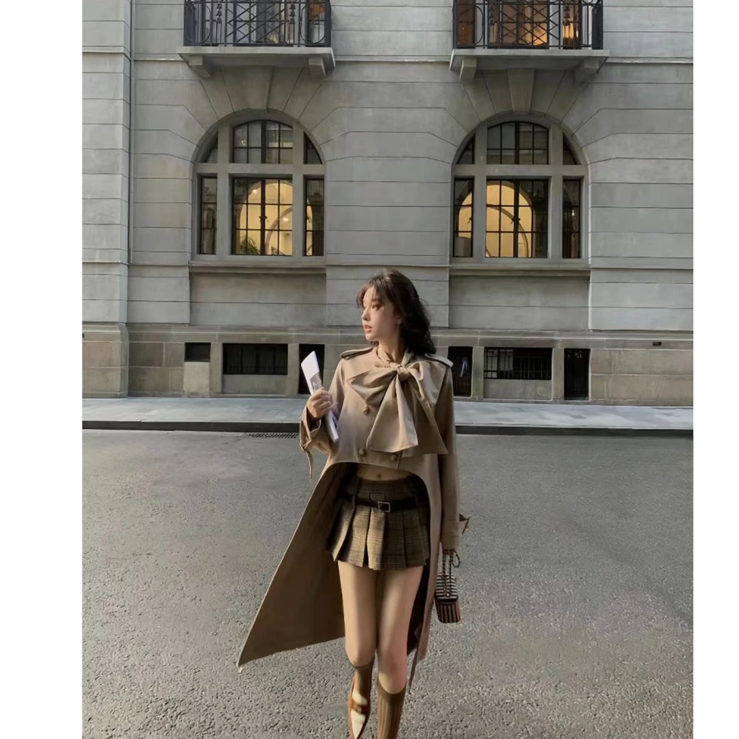 【Kylie同款】早秋设计感卡其色长款风衣外套百搭百褶裙/阔腿裤套装