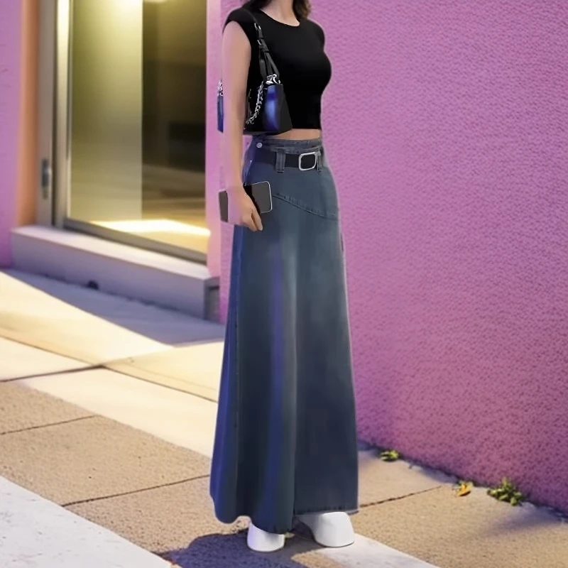港风复古牛仔半身裙女夏季薄款大码胖mm高腰宽松遮胯显瘦a字长裙