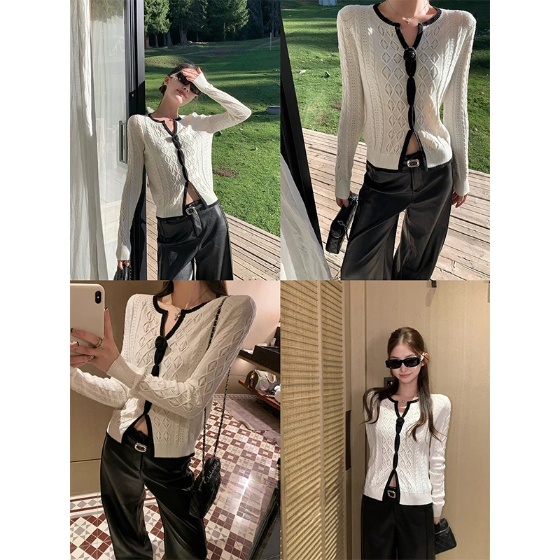 针织开衫女法式白色V领镂空秋季2025新款内搭设计感气质长袖上衣